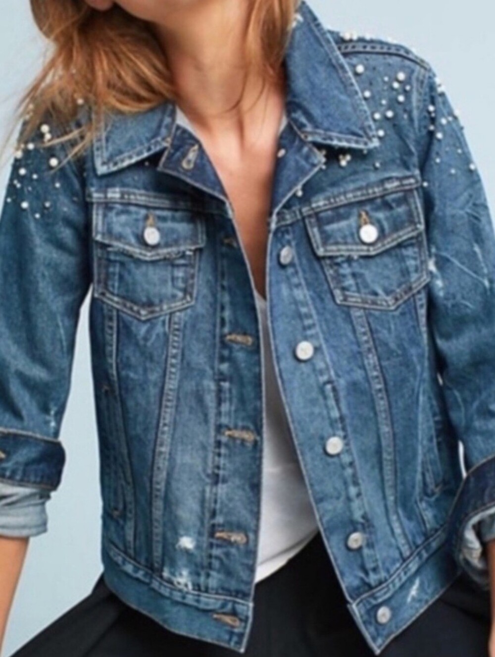 Anthropologie Pilcro Denim Pearl-Embellished Jacket Size Small Euc
